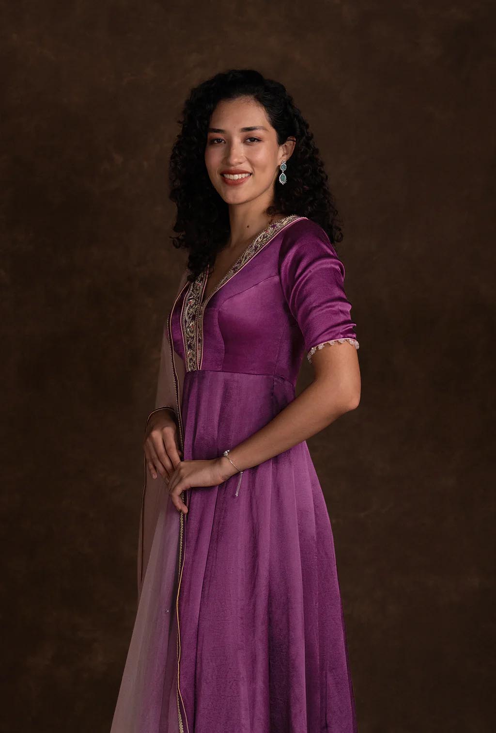 Berry Wine Plunging V-Neck Short Anarkali Set