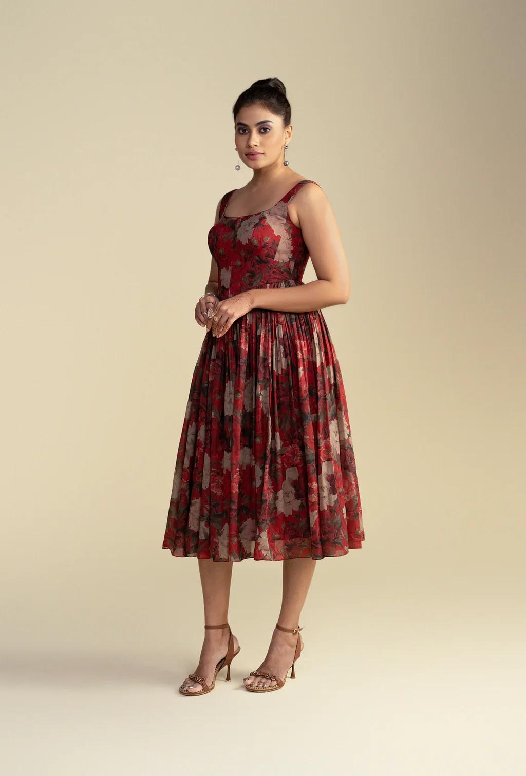 Brick Red Floral Print Short Corset Dress