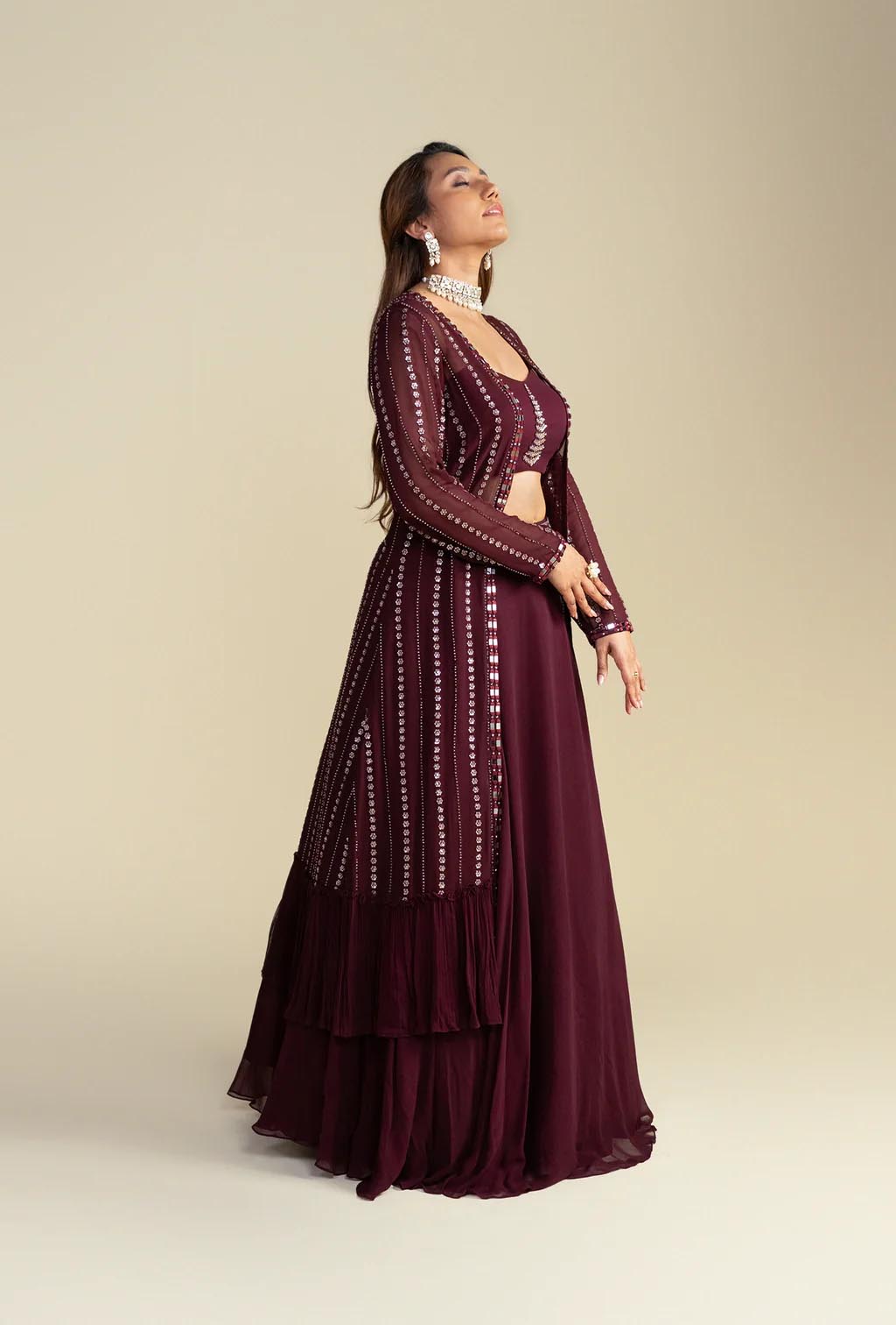 Carmine Maroon Long Sequined Jacket Lehenga Set