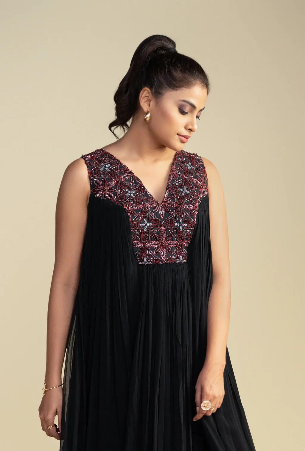 Black Embroidered Floor-Length Dress