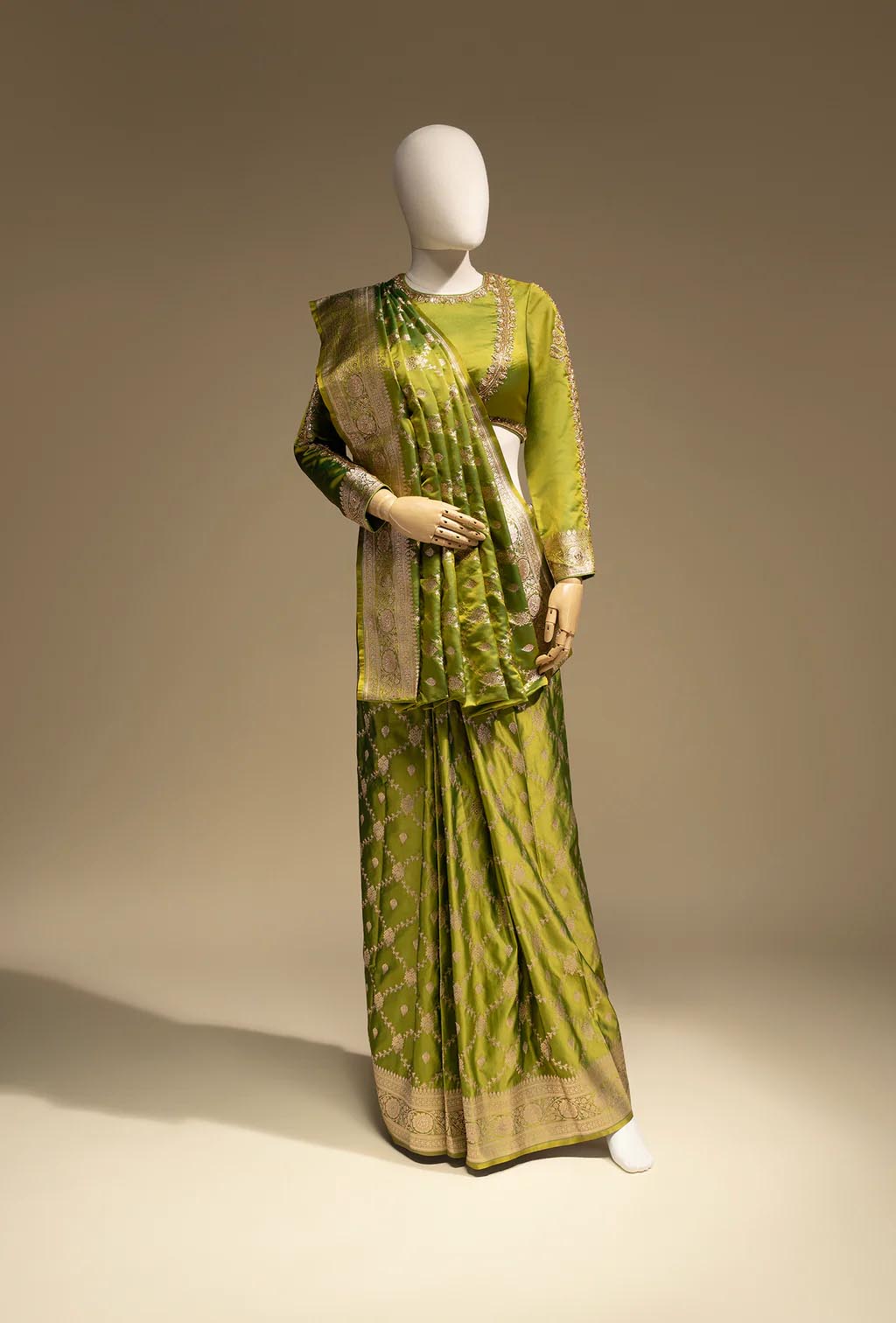 Parrot Green Mashru Silk Saree with Jaalwork in Zari