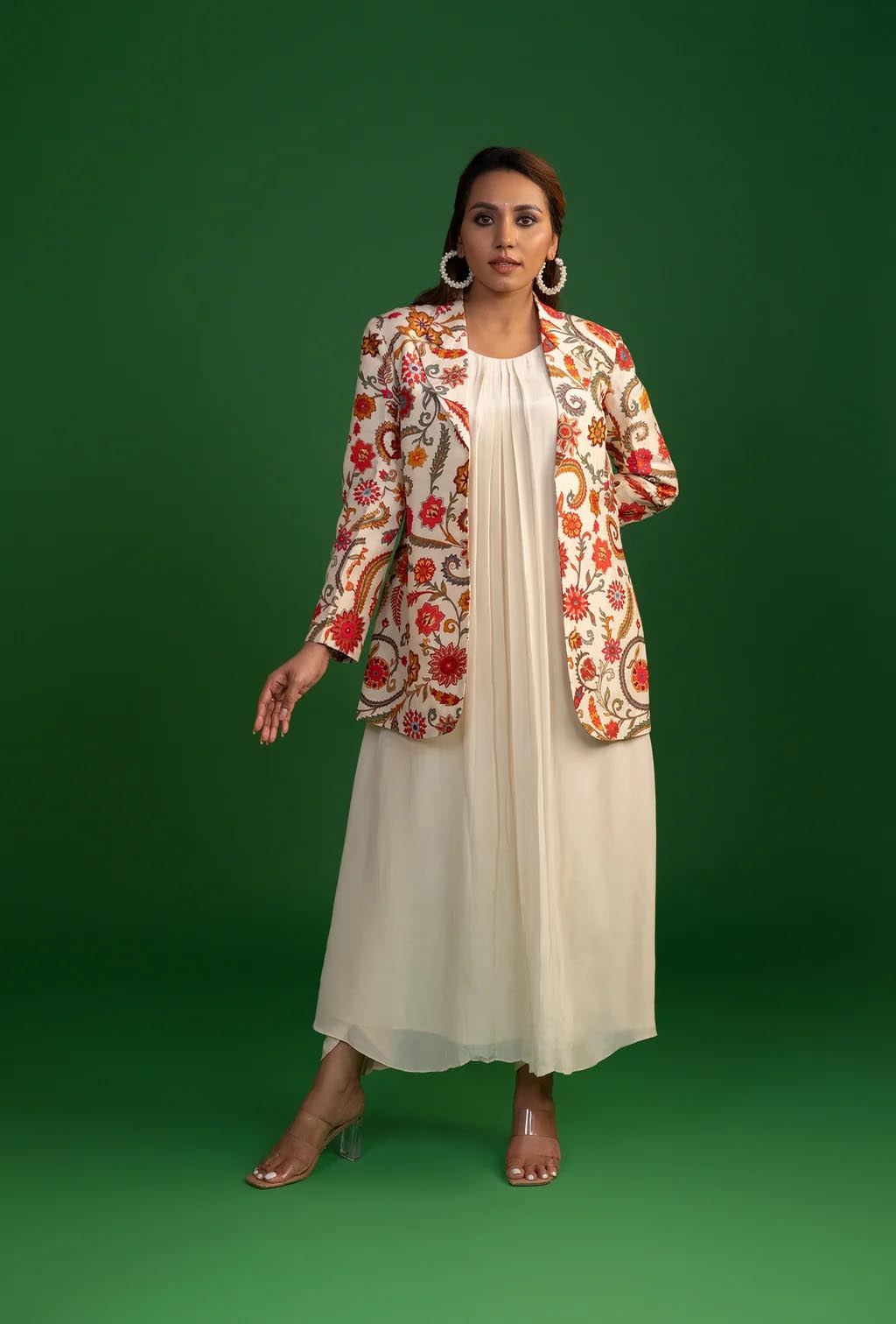 Floral Blazer Jacket & White Kurta Set