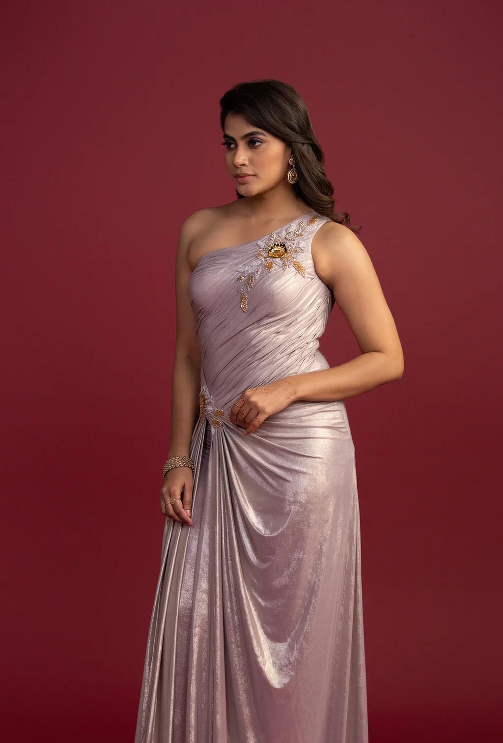 Metallic Lilac Cocktail Draped Panel Gown