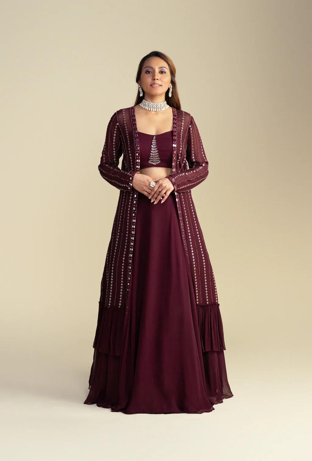 Carmine Maroon Long Sequined Jacket Lehenga Set
