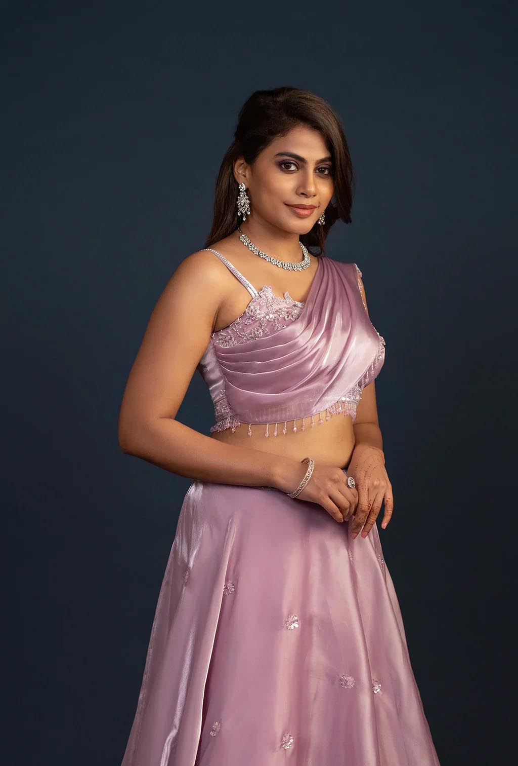 Sakura Lilac Glass Tissue Organza Lehenga Set with attached Dupatta