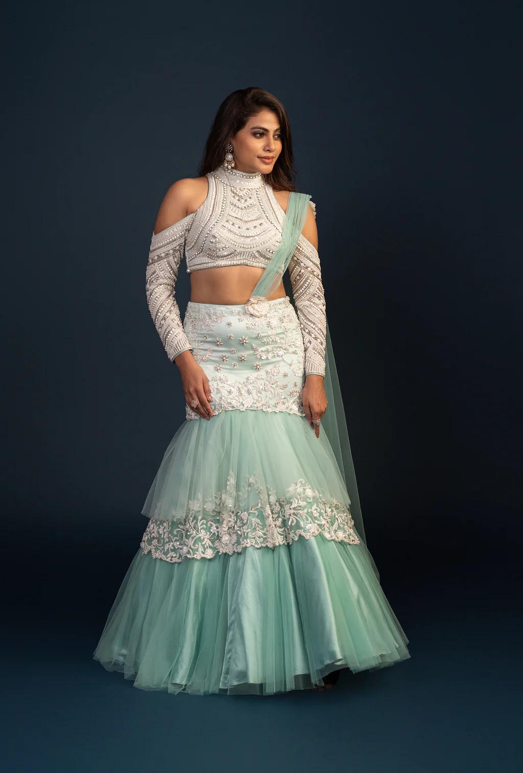 Adara Turquoise Green Mermaid Ruffle Lehenga Set with Heavy Bead Work