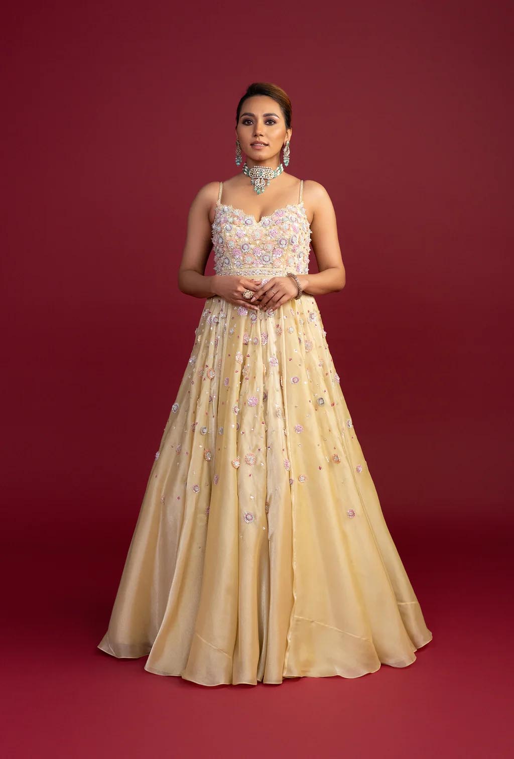 Belle Pastel Yellow with Embroidered Flowers Gown