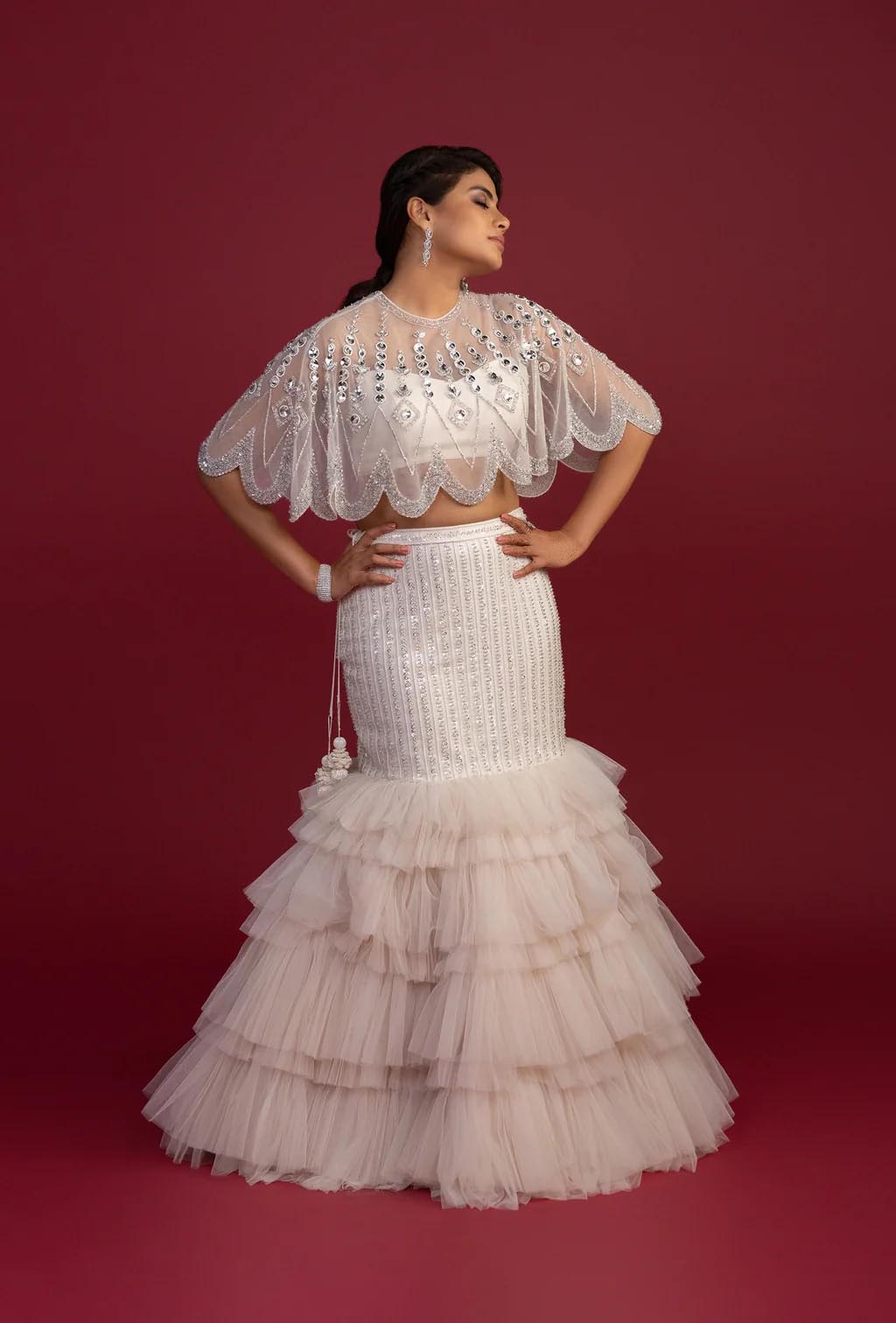 Elora White Fishcut Ruffled Lehenga with Crystal Cape
