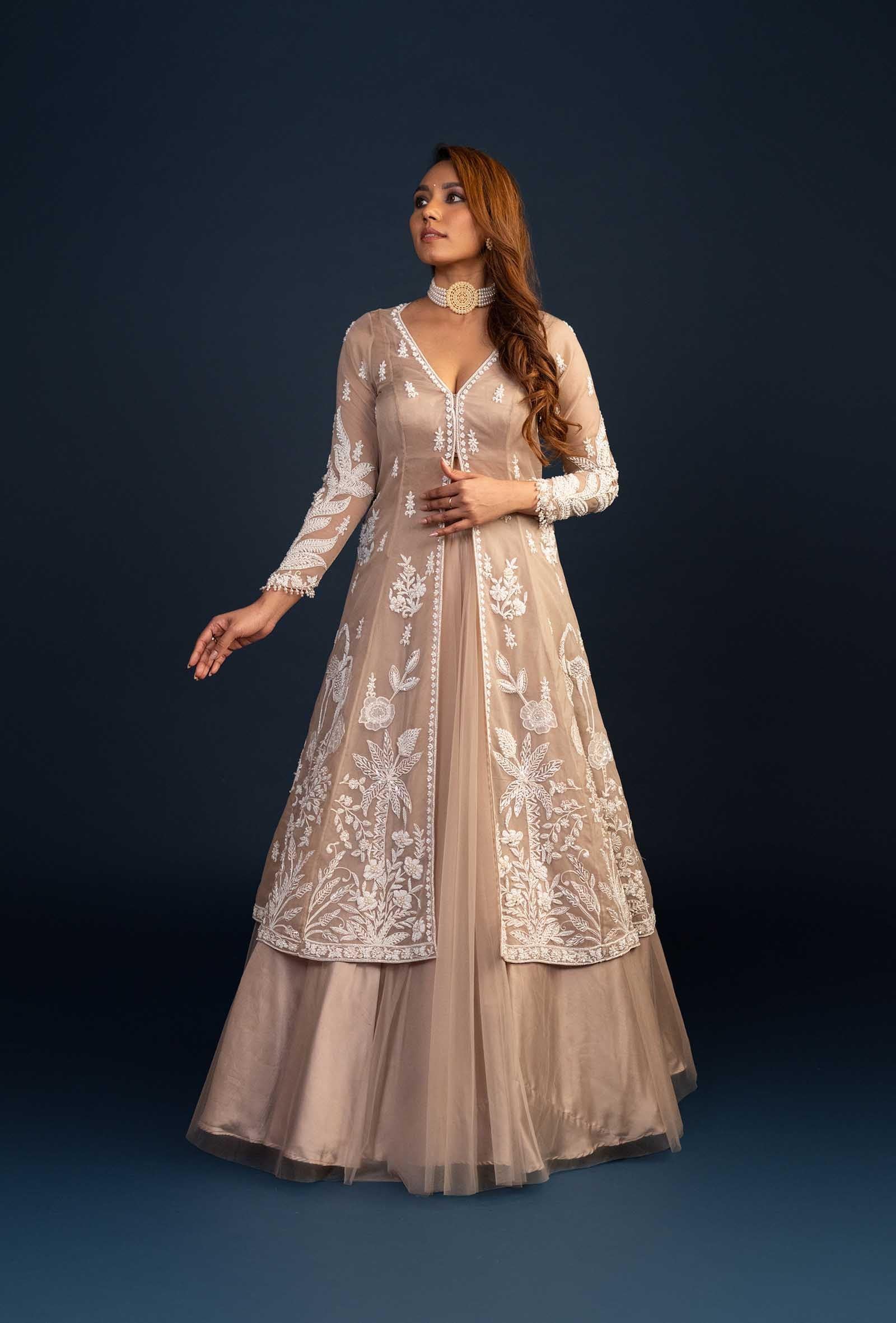 Athena Dusky Beige Plunging V-Neck Jacket Lehenga Set