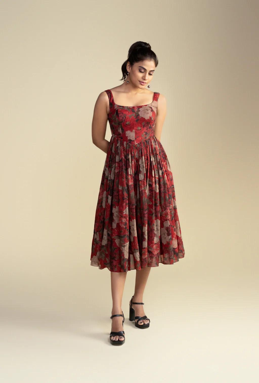 Brick Red Floral Print Short Corset Dress