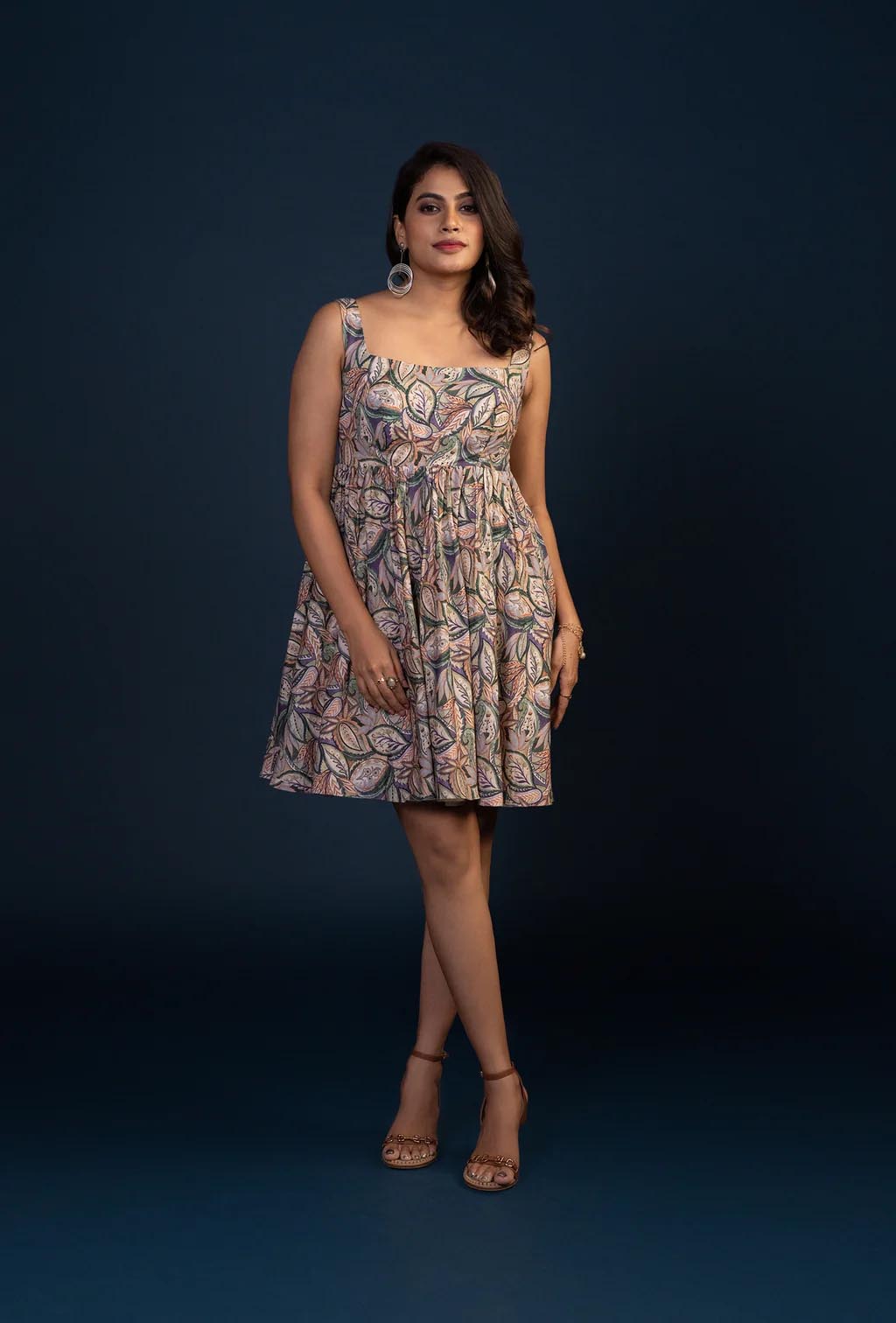 Leaf Print Square Neck Mini Dress