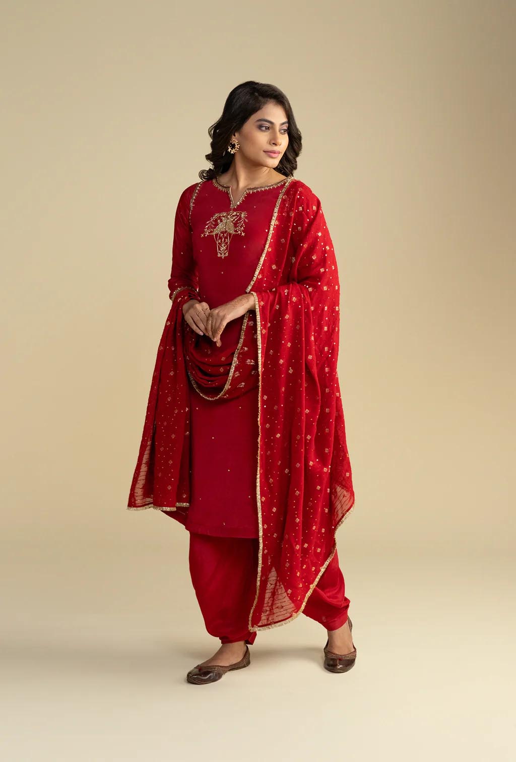 Red Kurta & Dhoti Set With Nakshi Zardozi