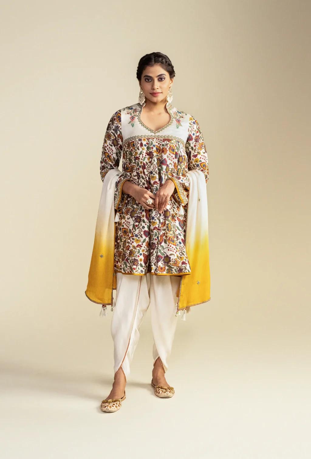 Ivory Floral Print Ethnic Kurta & Dhoti Set