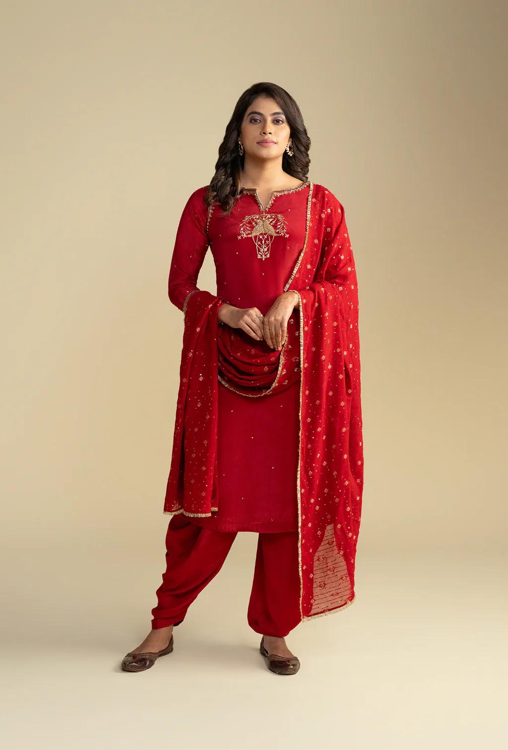 Red Kurta & Dhoti Set With Nakshi Zardozi