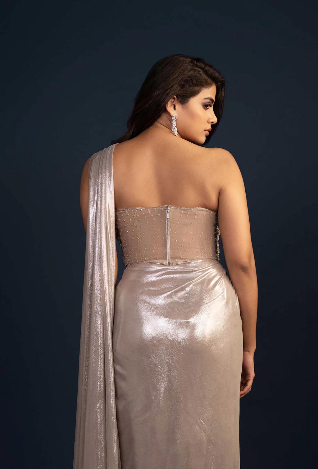 Delphine Waist Emphasizing Corset and Cinched Skirt Set in Metallic Silver