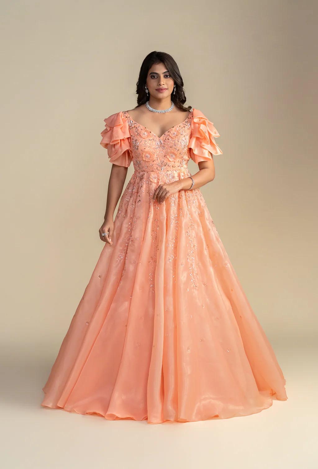 Fiona Coral Short Ruffle Sleeves Gown