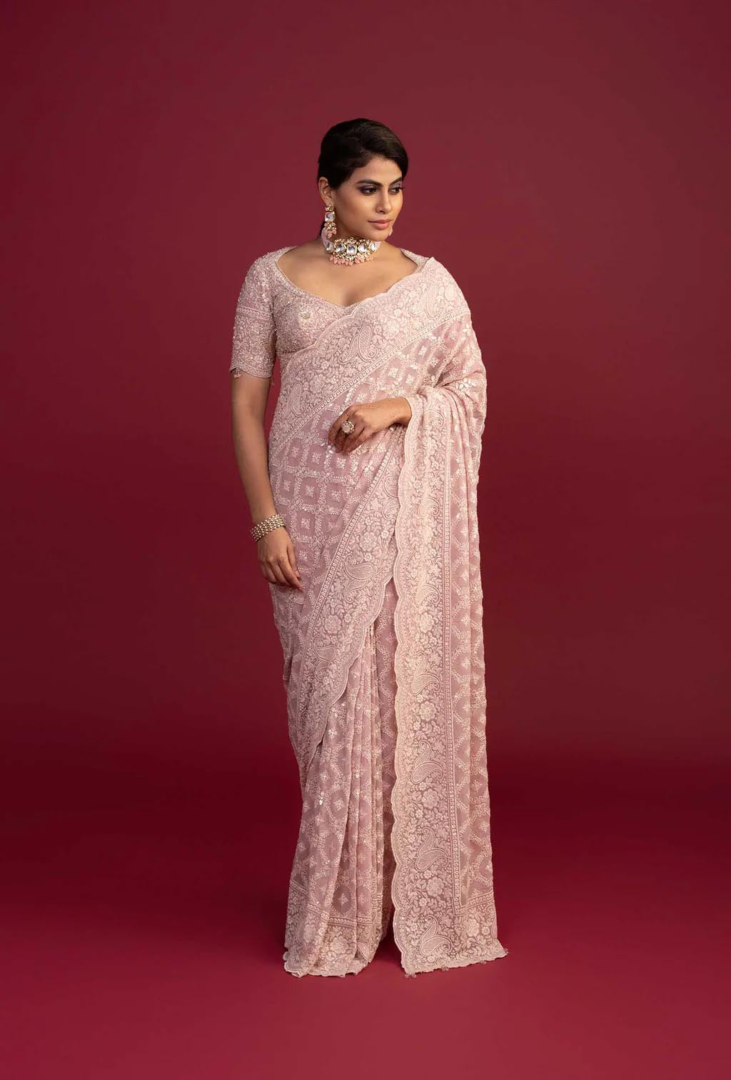 Saanjh Peachy Pink Lucknowi Pre Pleated Saree