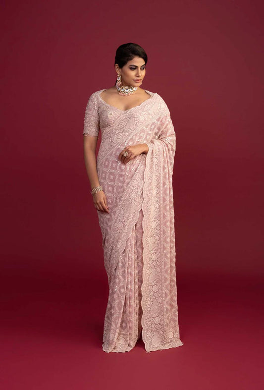 Saanjh Peachy Pink Lucknowi Pre Pleated Saree
