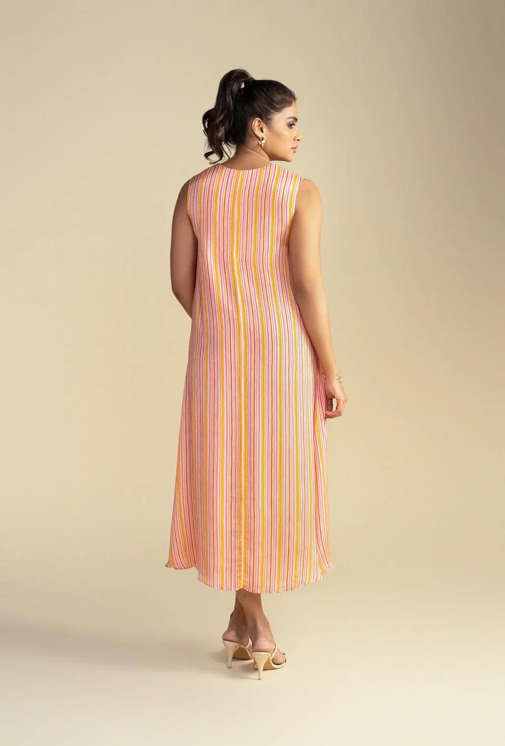 Salmon Pink Striped A-Line Dress