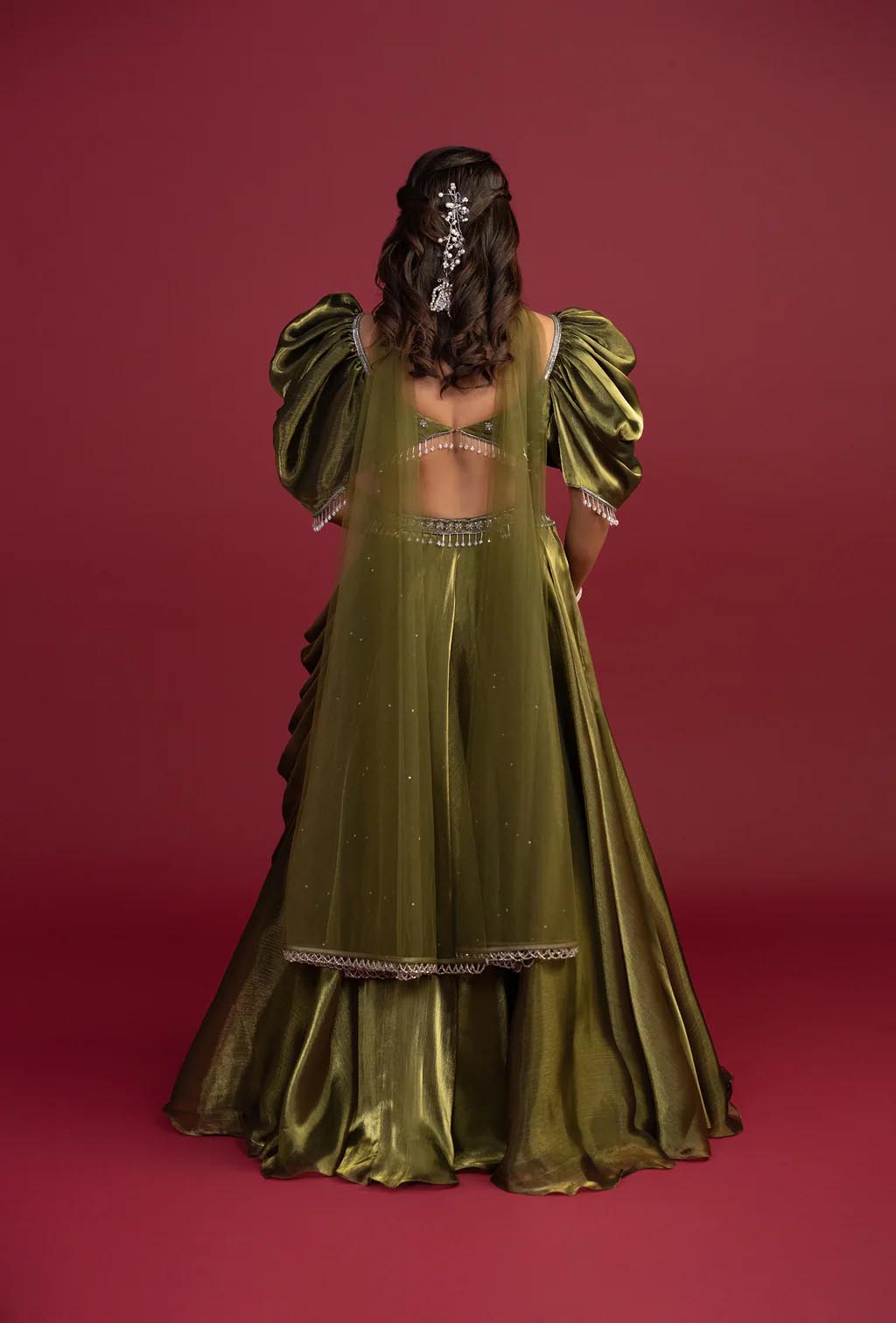 Juniper Dark Olive Green Ruffled Sleeves Lehenga Set