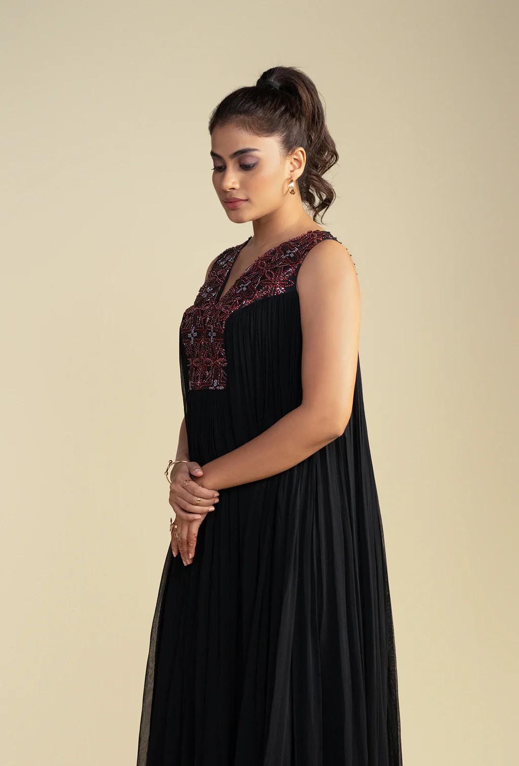 Black Embroidered Floor-Length Dress