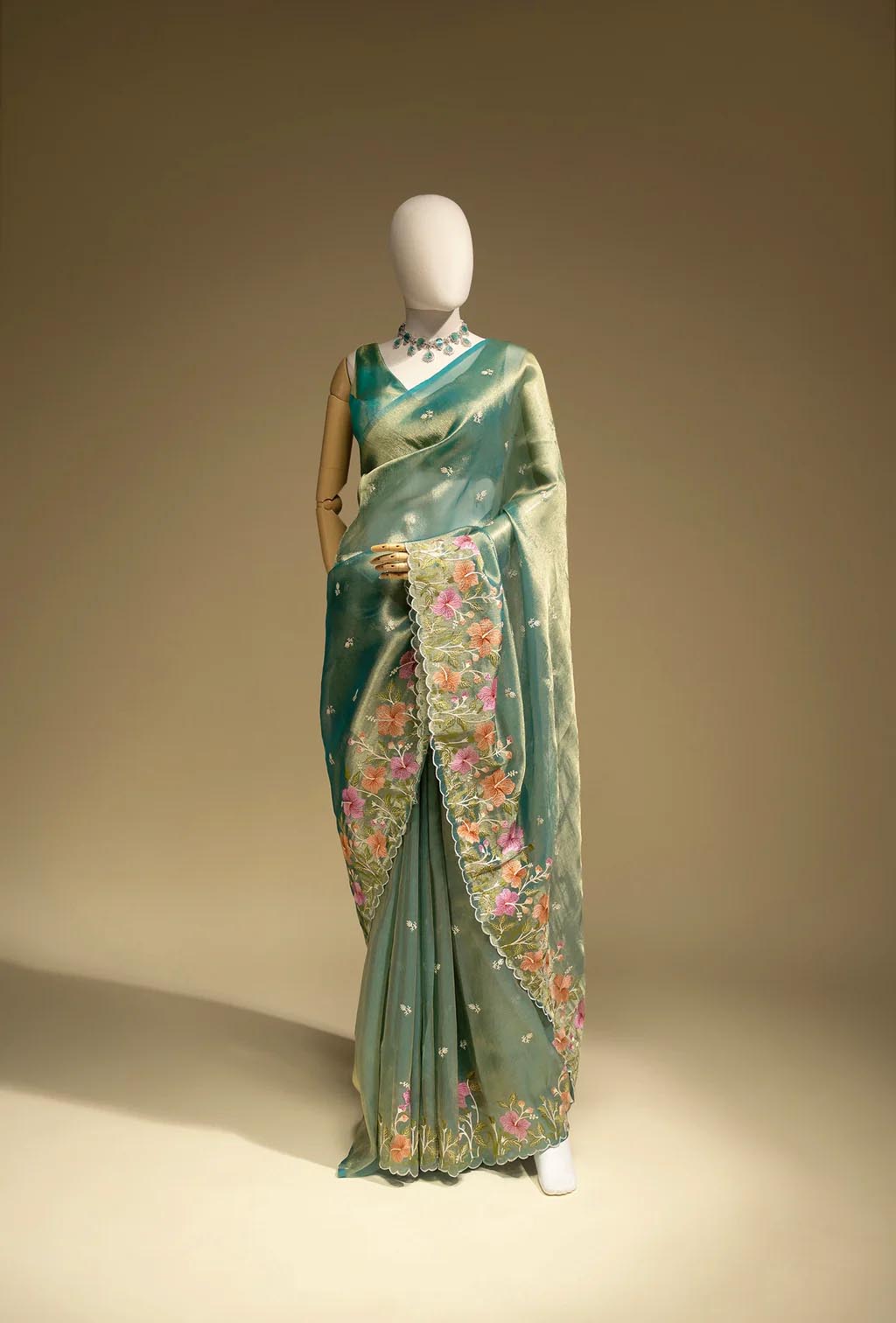 Crushed Tissue Silk Saree In Teal Green For Sophisticated Charm