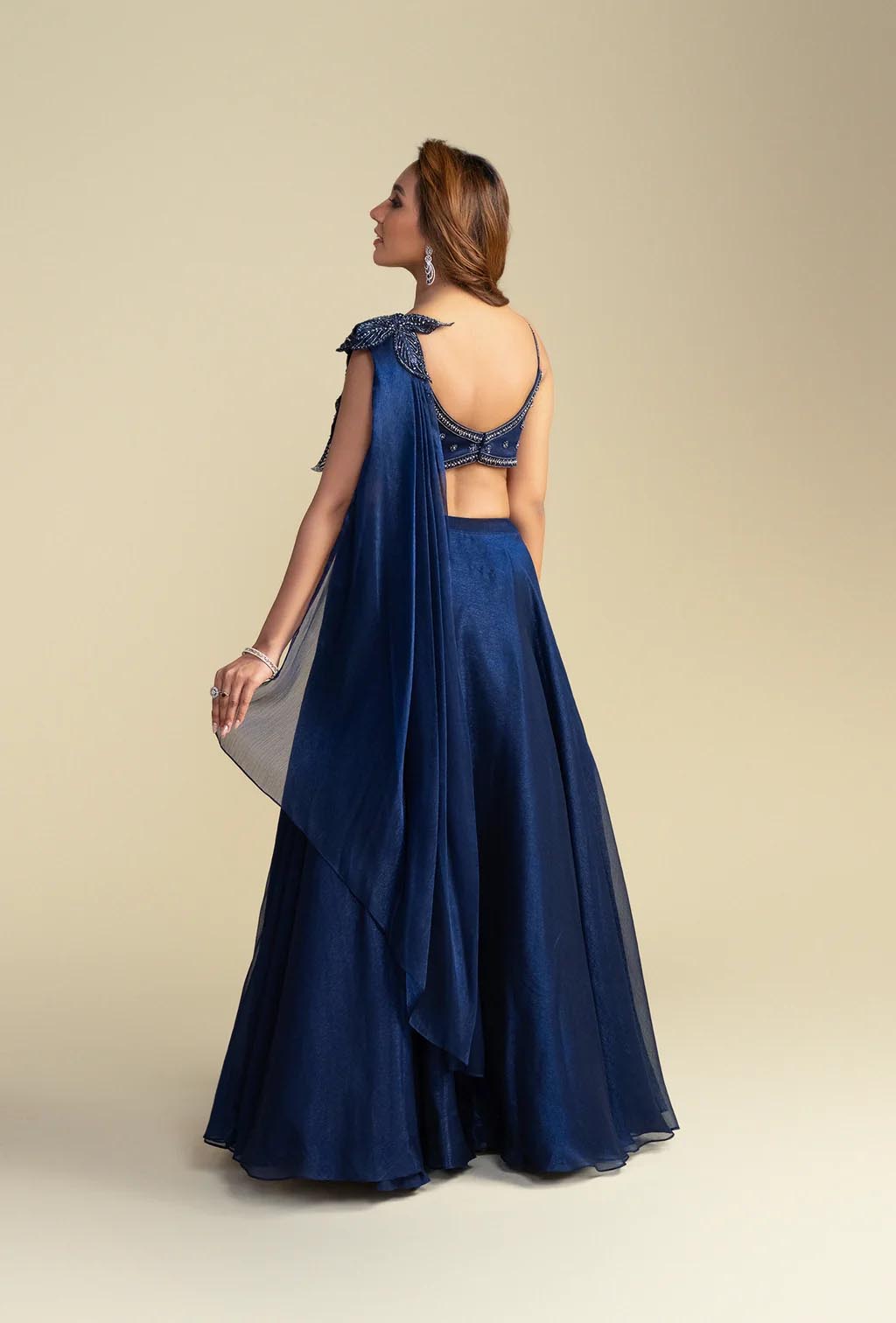 Azura Navy Blue Lehenga with Attached Aplique Dupatta Set