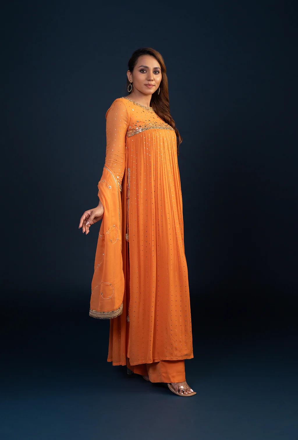 Sunset Orange Empire Line Long Kurta Set
