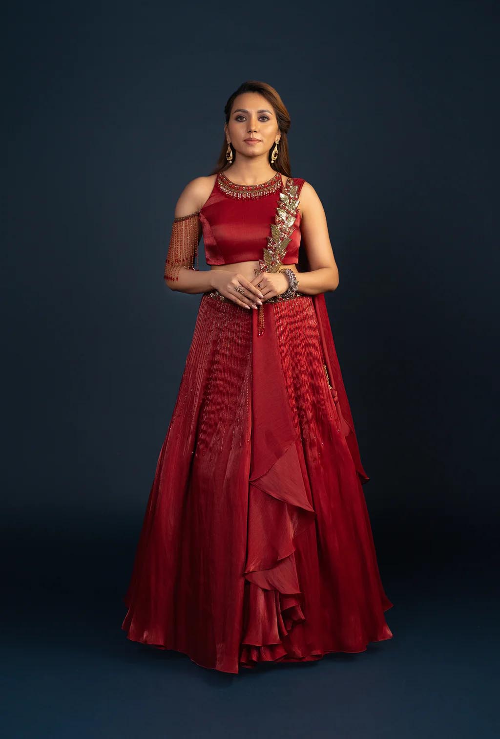 Cider Rust Red Embroidered Lehenga Set with Attached Dupatta