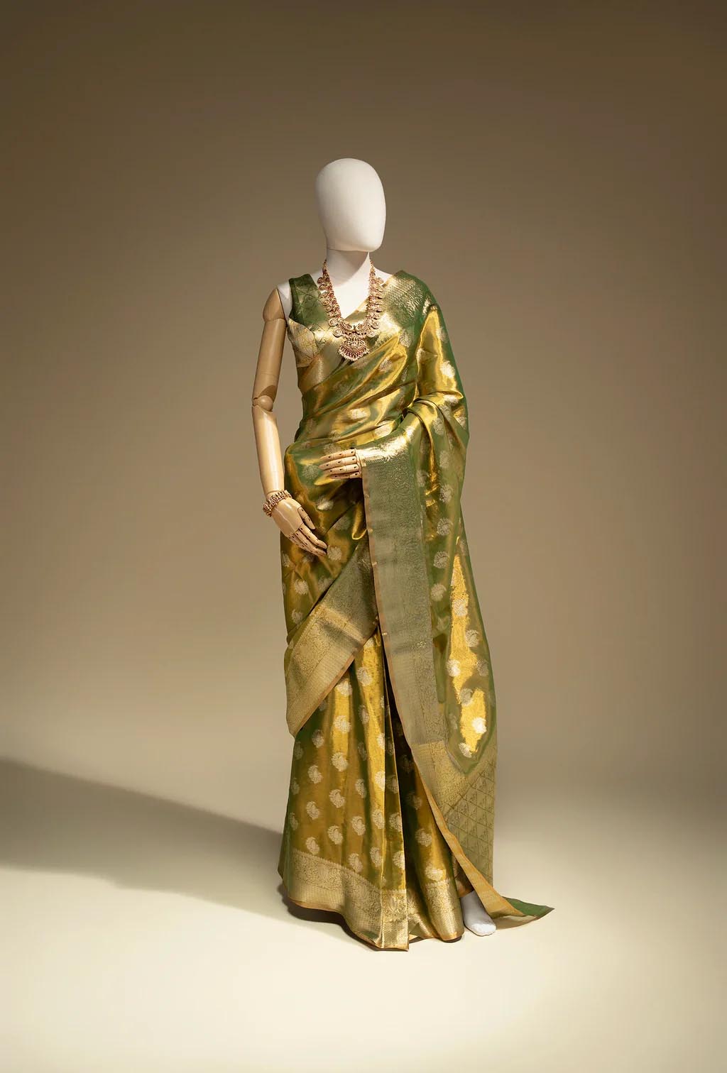 Pure Shimmer Organza Saree In Golden Green