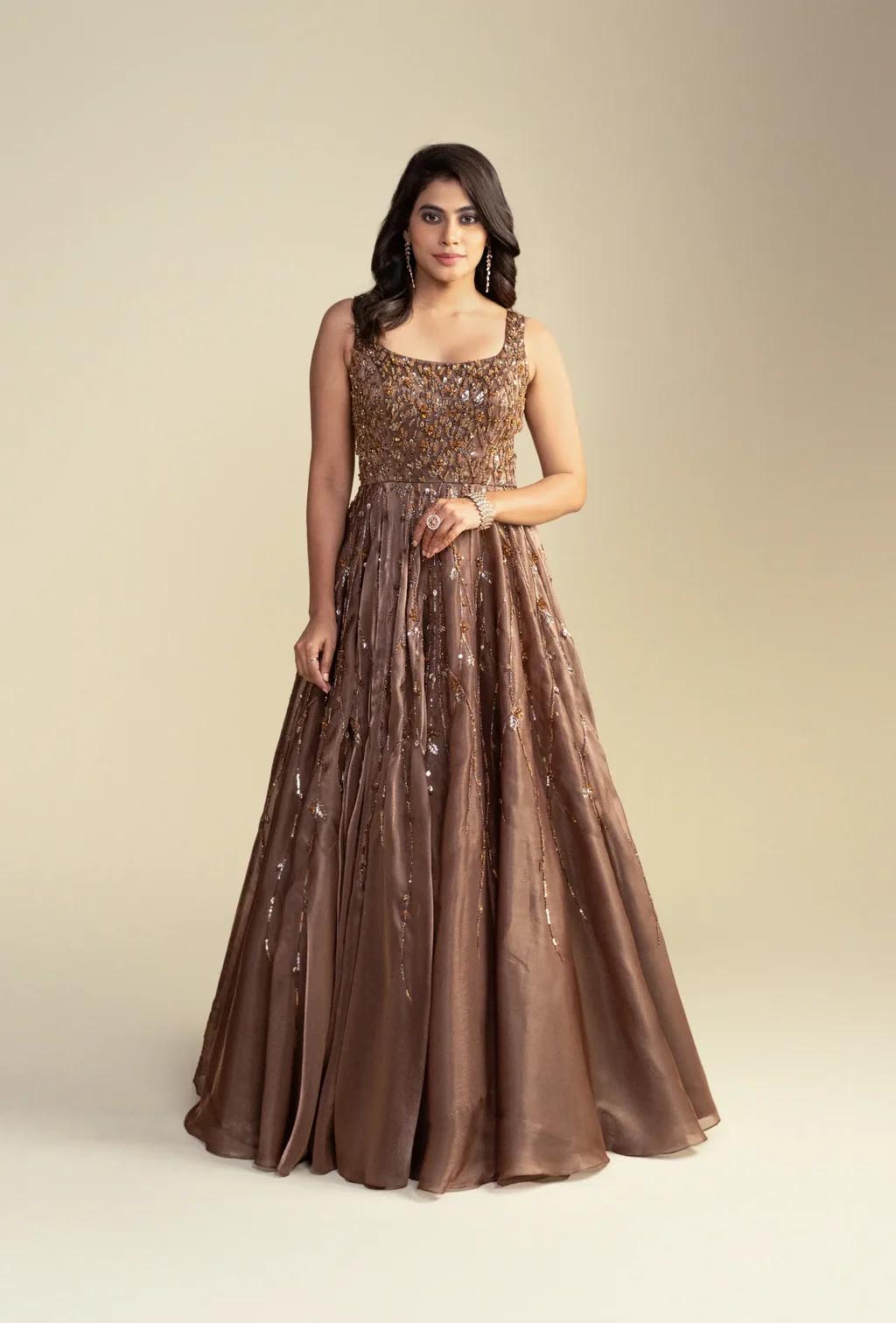 Fiza Ginger Brown Glass Organza Embroidered Gown