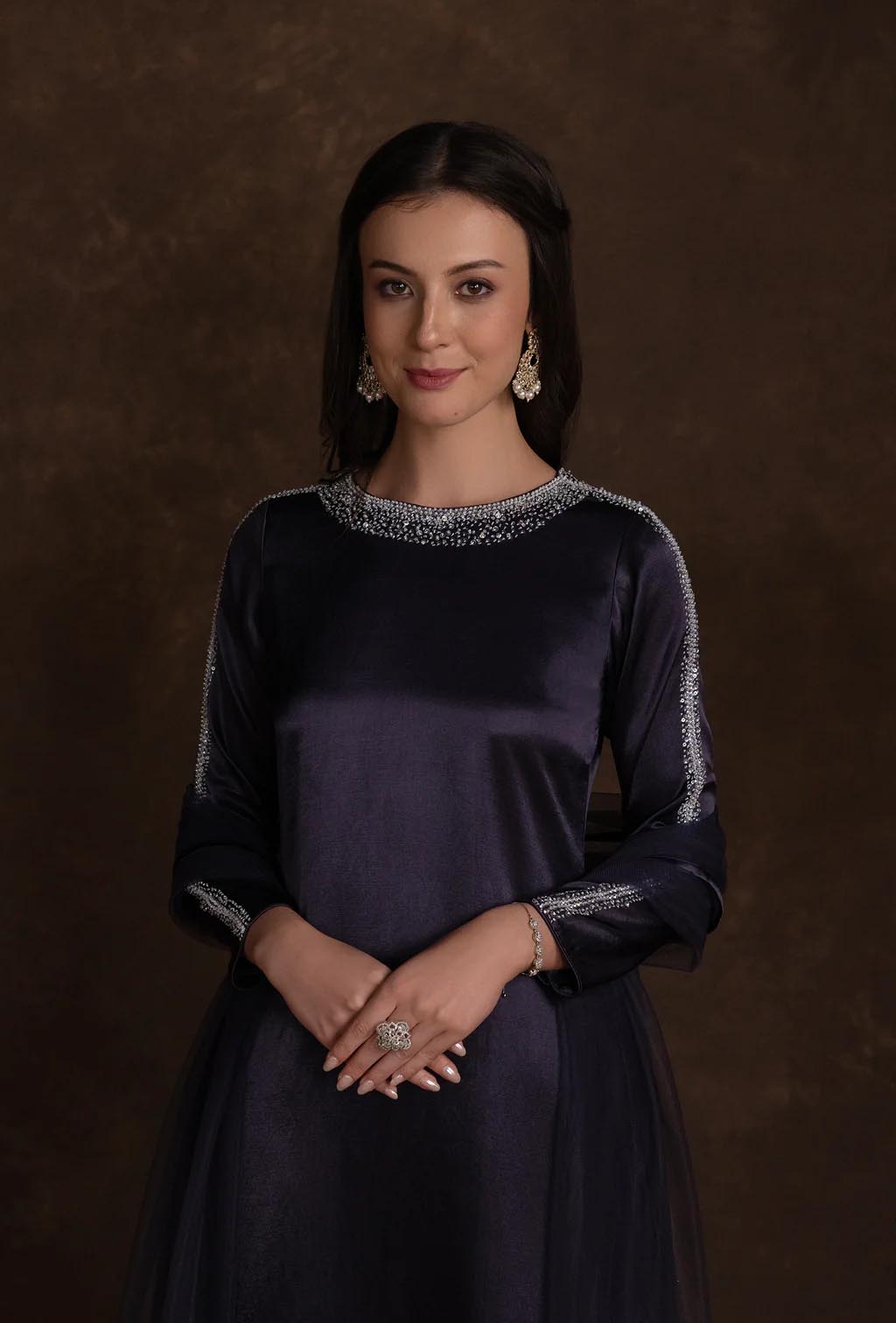 Midnight Blue dazzled Neck Silk Contemporary Kurta Set