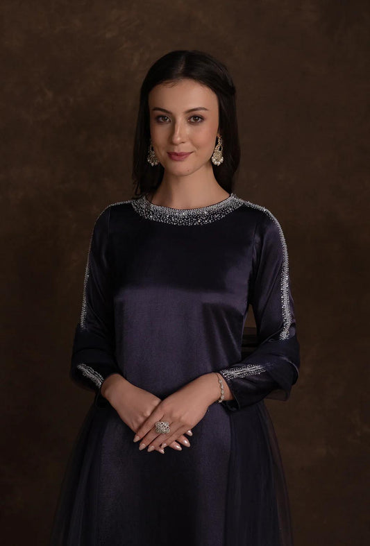 Midnight Blue dazzled Neck Silk Contemporary Kurta Set