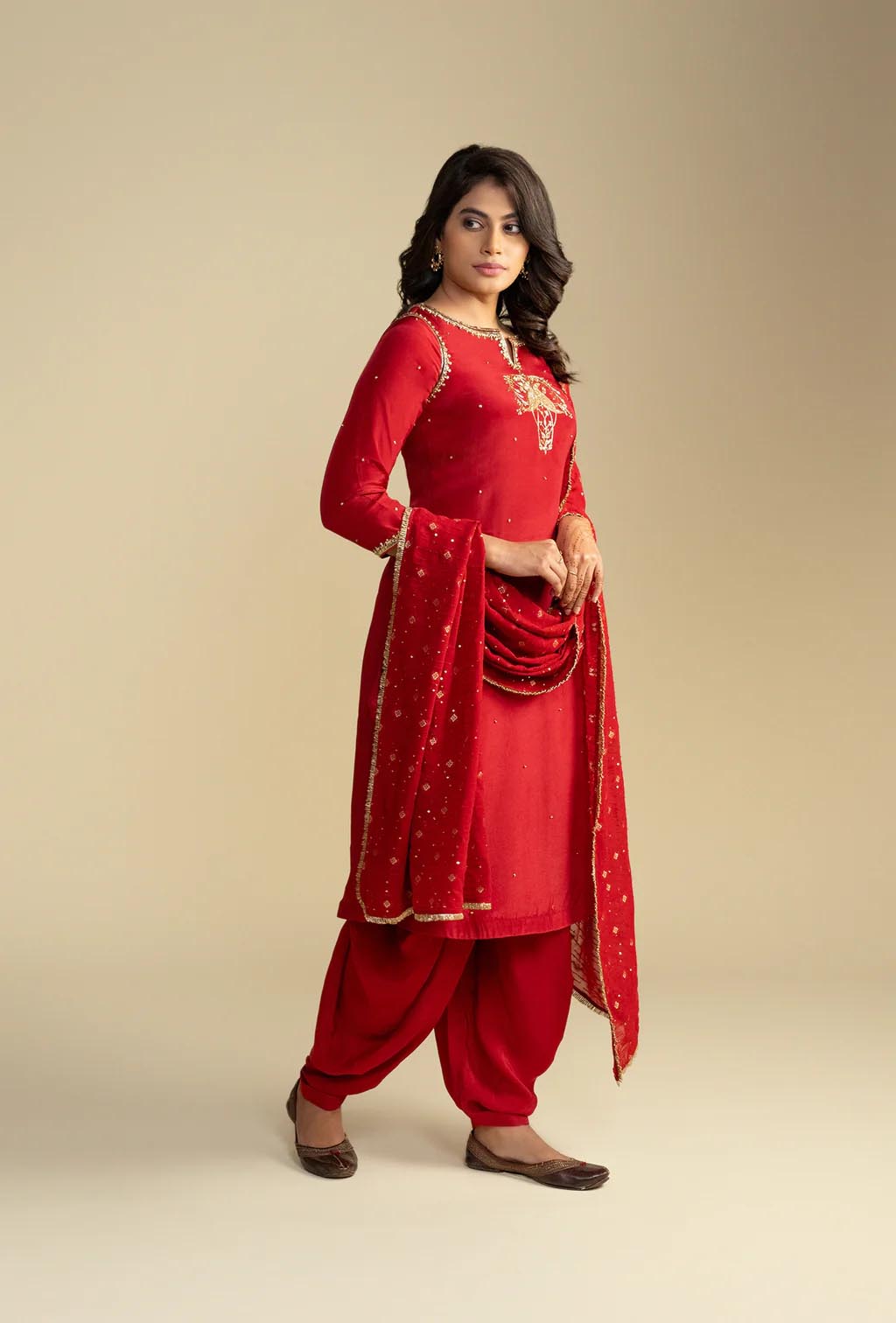 Red Kurta & Dhoti Set With Nakshi Zardozi