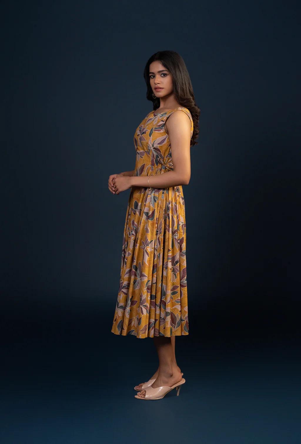 Ochre Floral Print Hip Pleated Midi Dress