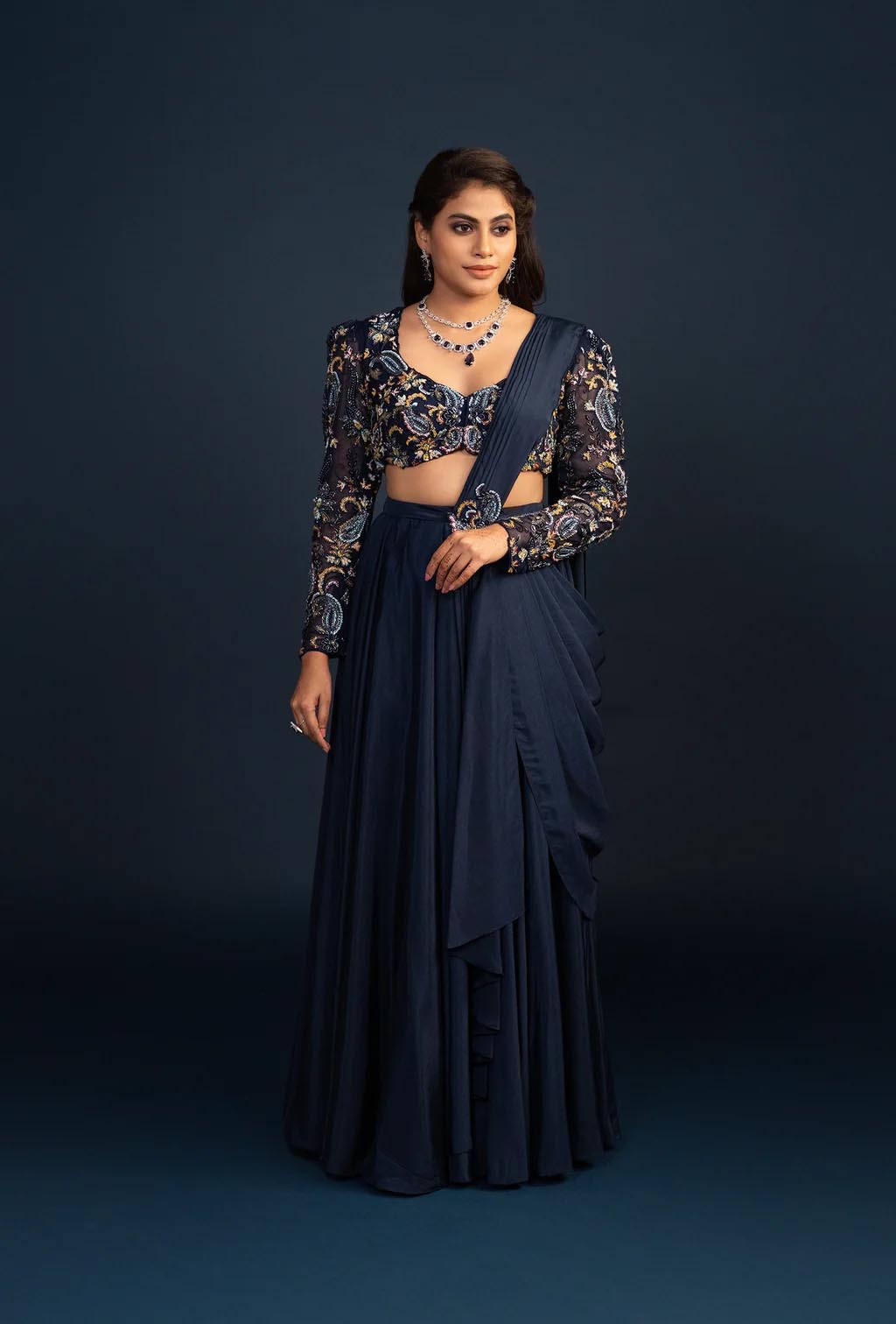 Qala Navy Blue Pre Draped Saree