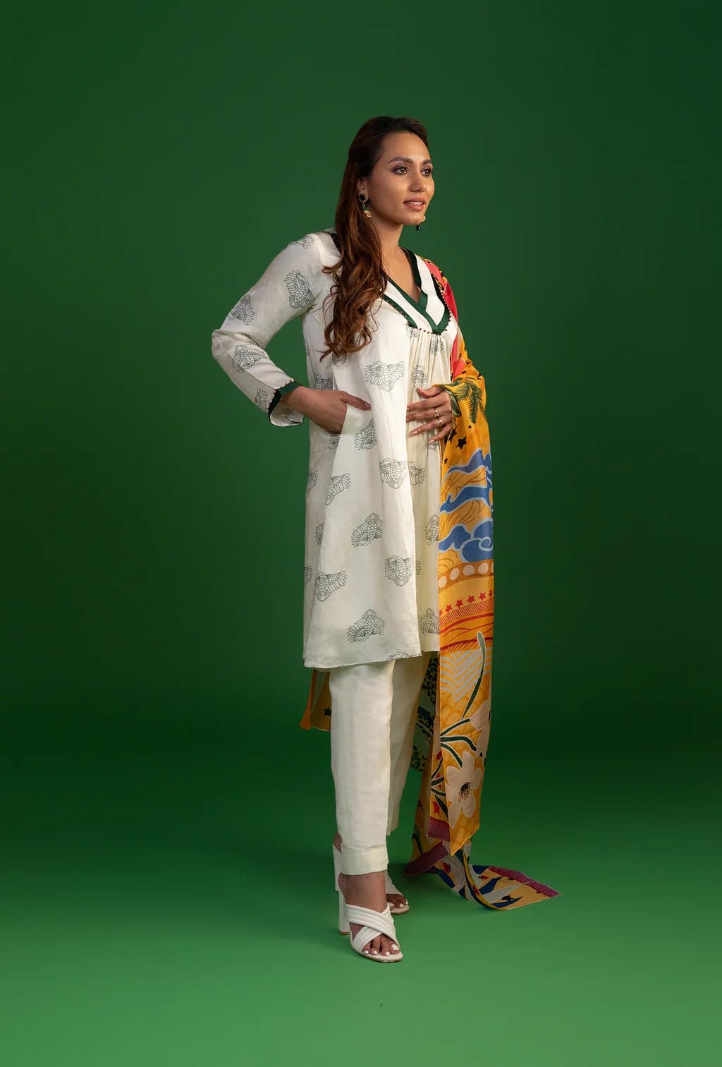 White Floral & Animal Print Kurta Set
