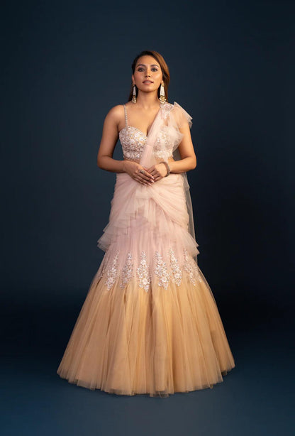 Oasis Dual Color Mermaid Ruffle Lehenga Set with Attached Dupatta