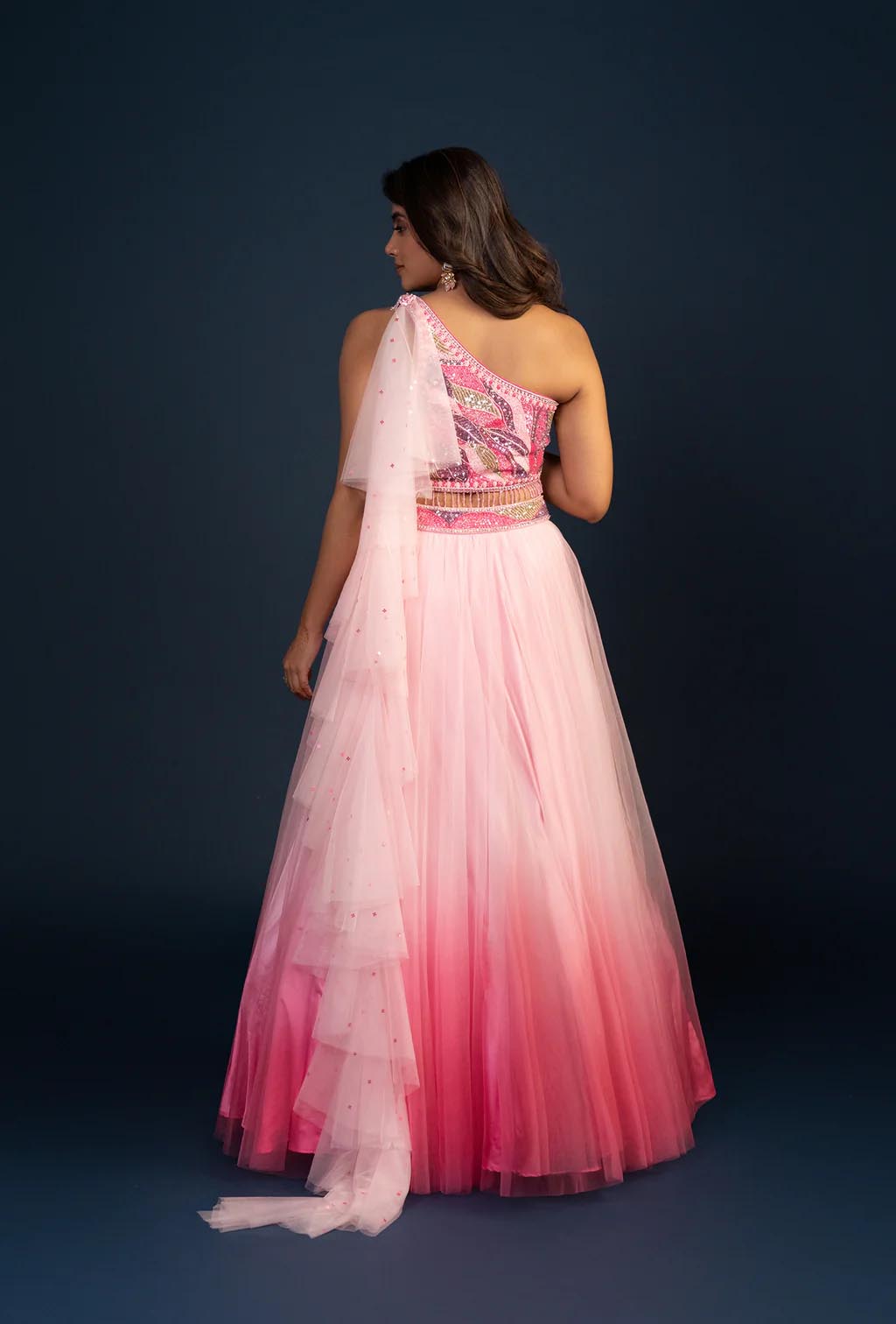 Dewrose Ombre Pink Net Lehenga with Asymmetric Blouse