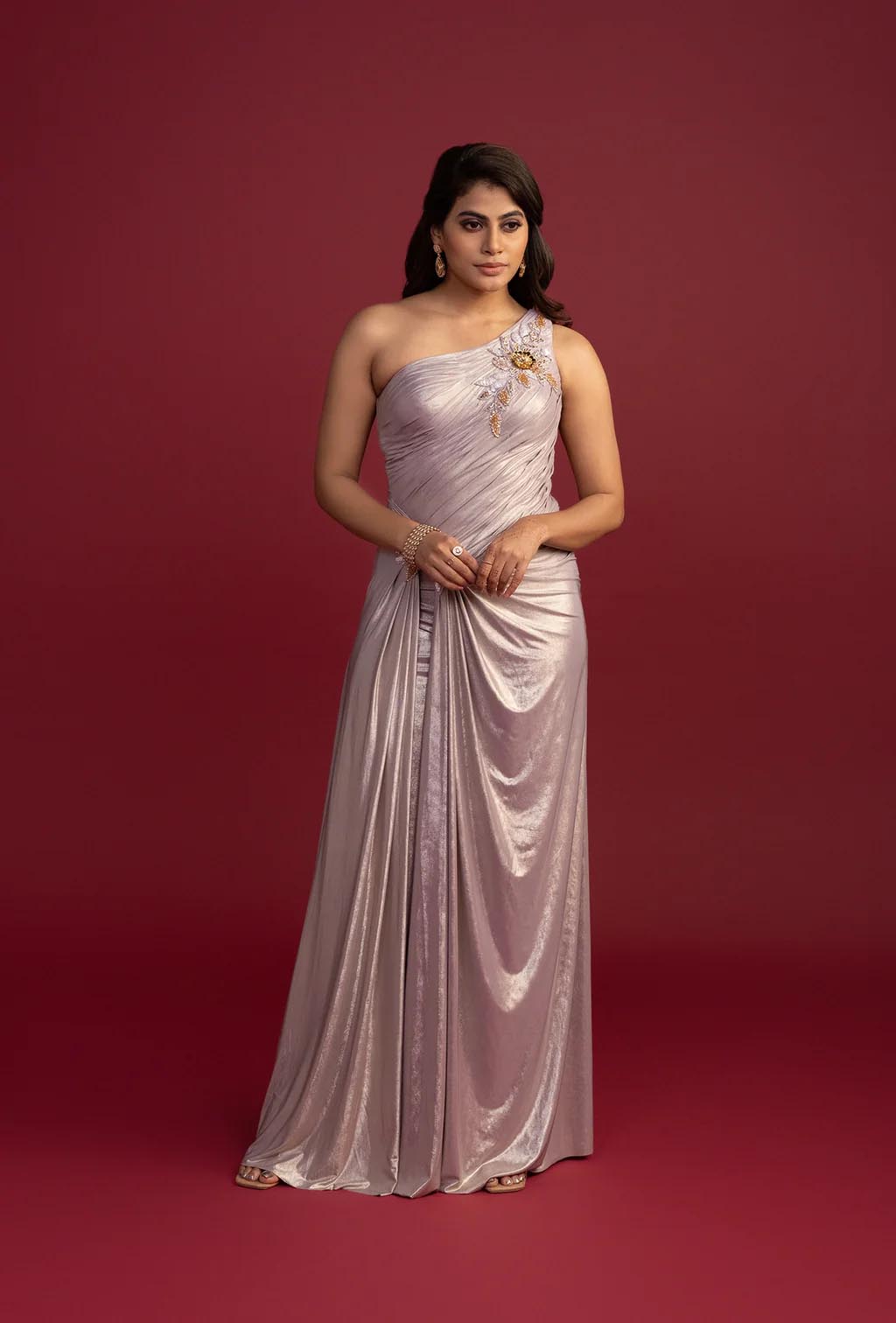 Metallic Lilac Cocktail Draped Panel Gown