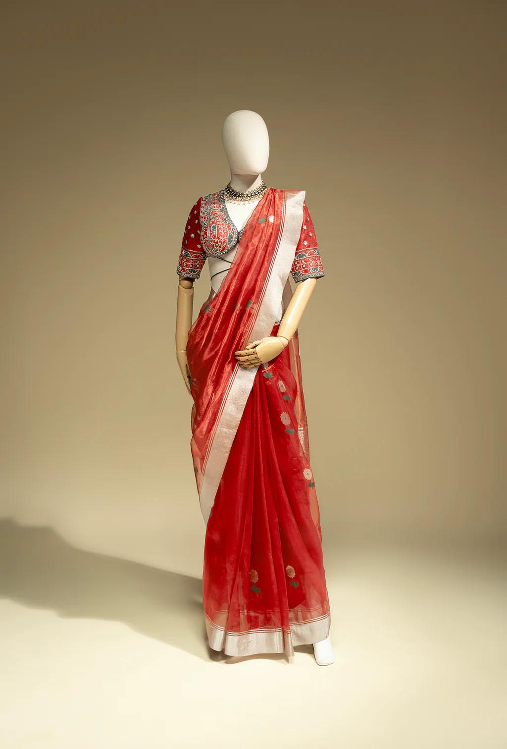 Tissue Silk Saree In Chanderi Red With Zari Buttiwork