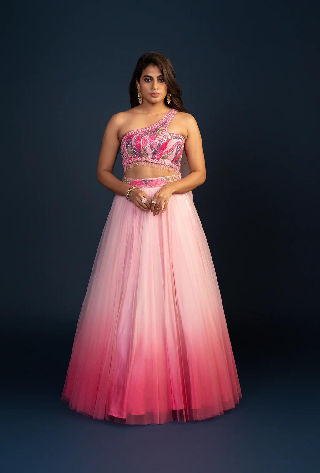 Dewrose Ombre Pink Net Lehenga with Asymmetric Blouse