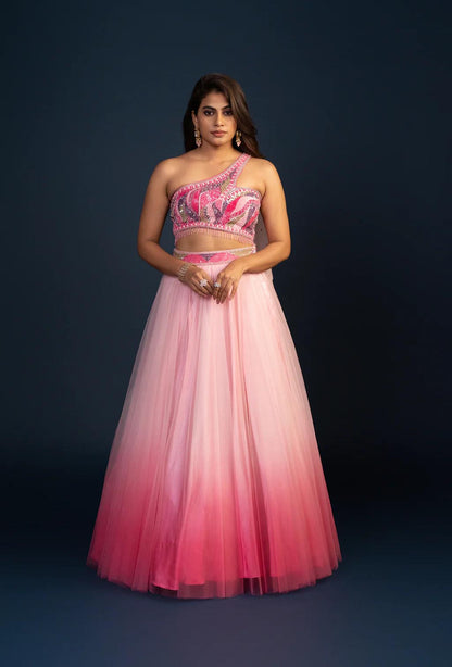 Dewrose Ombre Pink Net Lehenga with Asymmetric Blouse