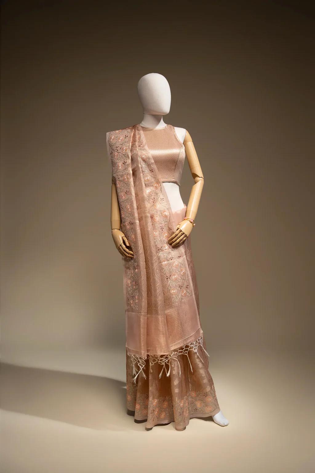 Blush Pink Khadi Tissue Threadwork Saree With Unstitched Blouse