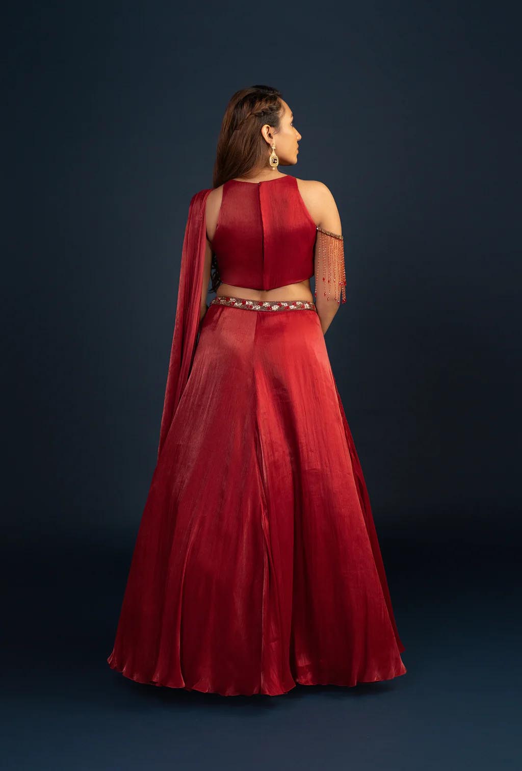 Cider Rust Red Embroidered Lehenga Set with Attached Dupatta