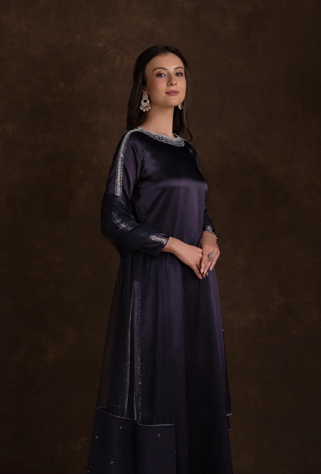 Midnight Blue dazzled Neck Silk Contemporary Kurta Set