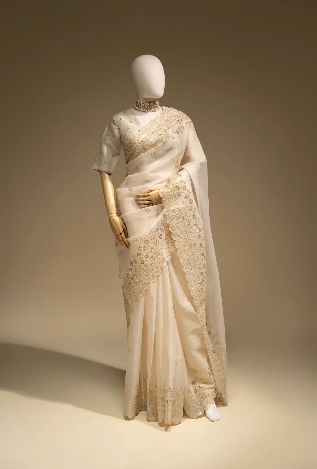 Khadi Organza Saree In Ivory With Delicate Sequins