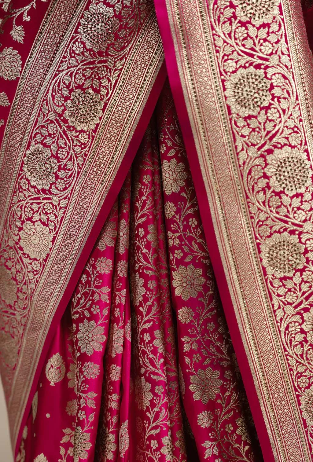 Katan Silk Saree In Rani Pink With Intricate Jangla Work