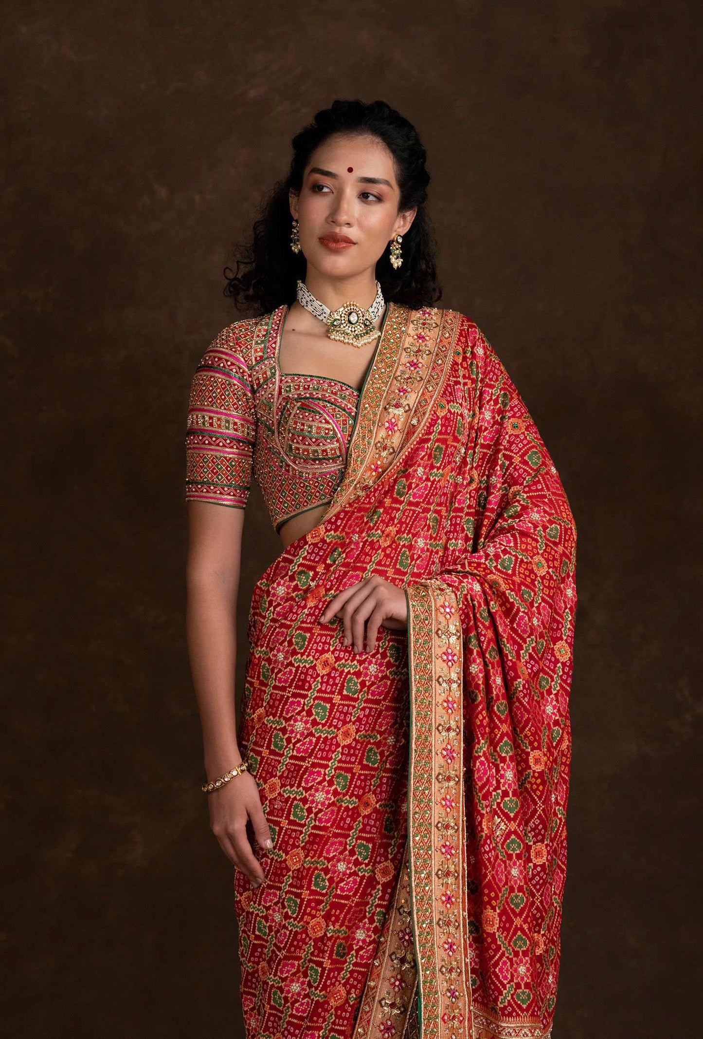 Bridal Red Bandhani Saree with Handwork Bustier Style Blouse
