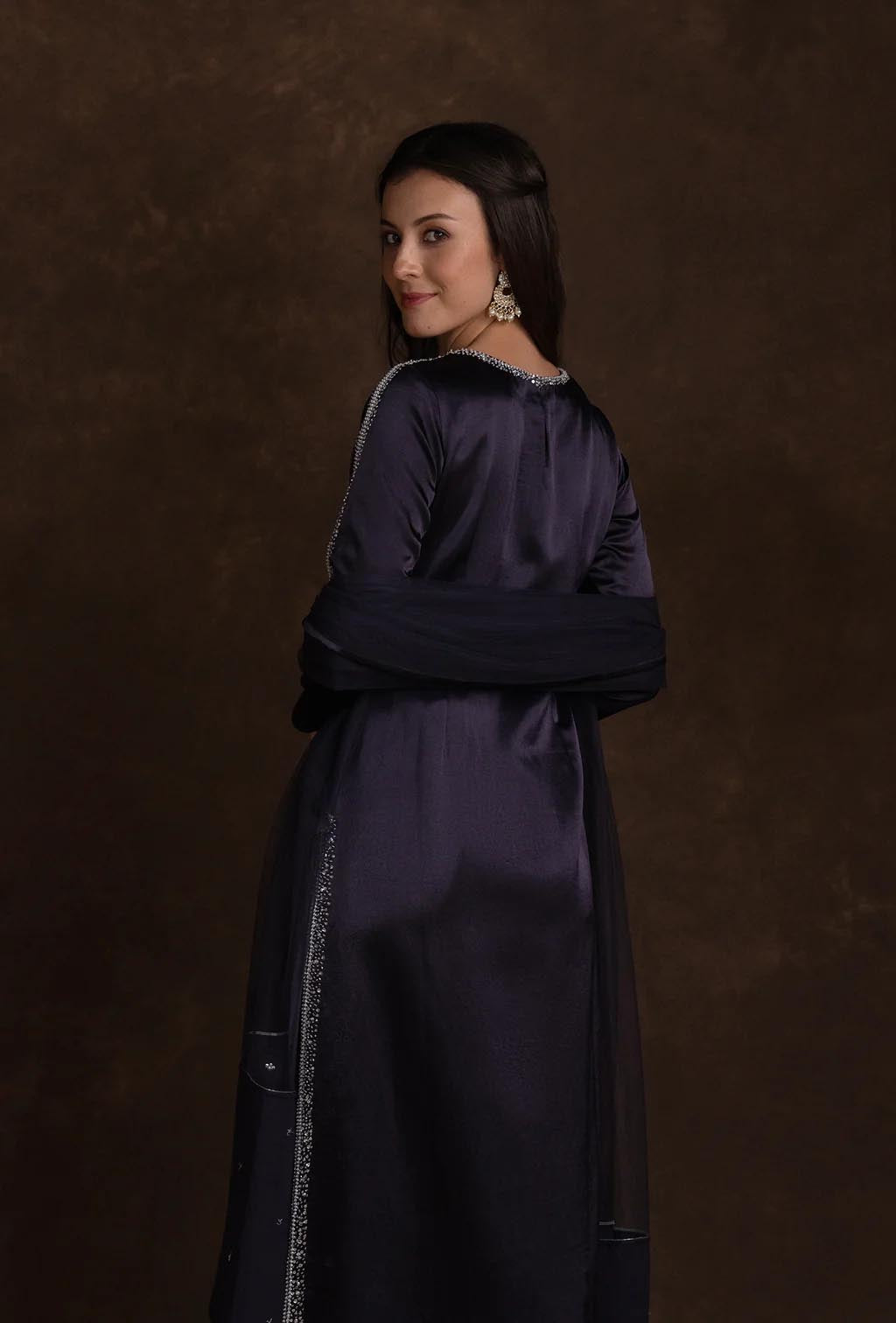 Midnight Blue dazzled Neck Silk Contemporary Kurta Set